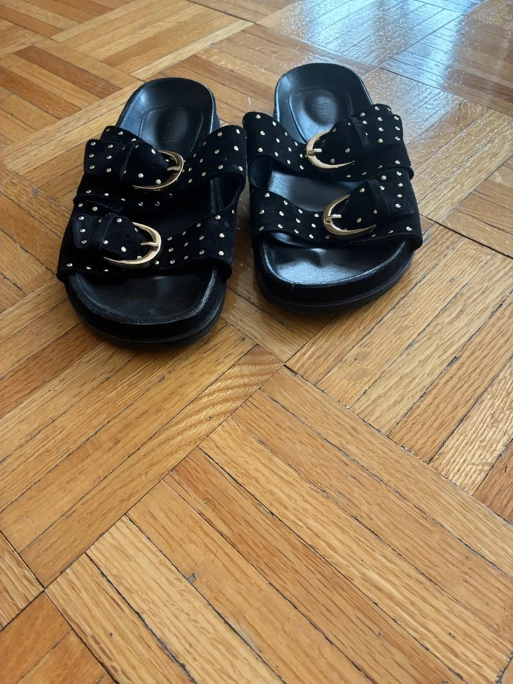 Black Studded Zara Double-Buckle Slide Sandals - Picture 5 of 5